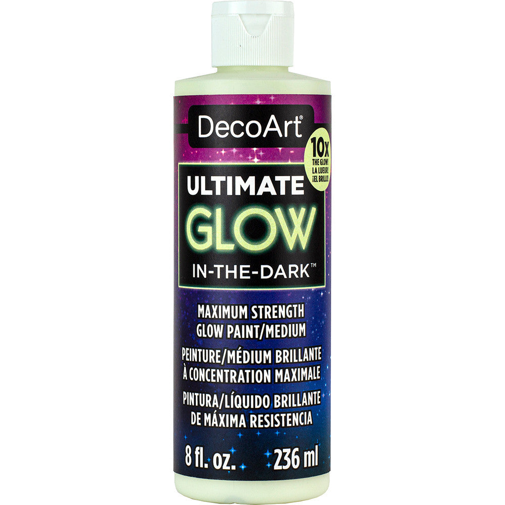 DecoArt Americana Ultimate Glow acrylic paint jar with label, showcasing vibrant glow-in-the-dark paint for arts and crafts projects.