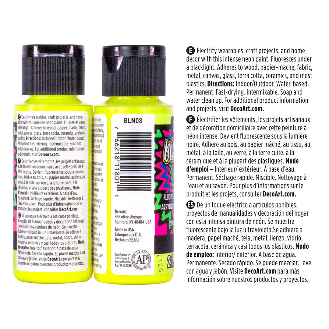 DecoArt Black Light Neon Paint Set with vibrant, glow-in-the-dark paints for creative art projects and fluorescent effects.