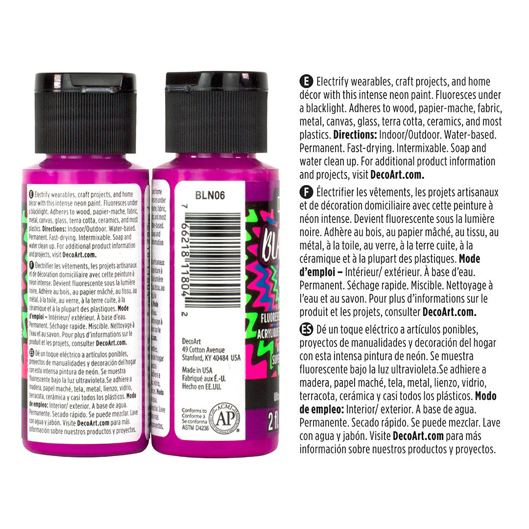 DecoArt Black Light Neon Paint Set with vibrant fluorescent paints for creative art projects and glowing effects under black light.