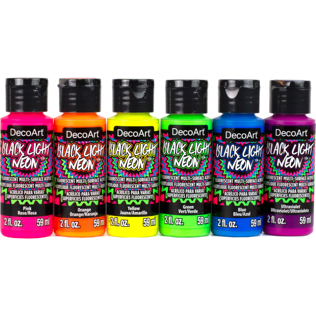 DecoArt black light neon paint set with vibrant glow-in-the-dark colors and brushes on a white background.