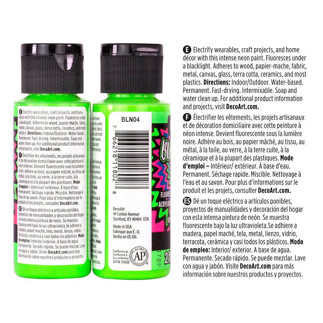 DecoArt Black Light Neon Paint Set with vibrant fluorescent colors for artistic projects and glowing effects under UV light.