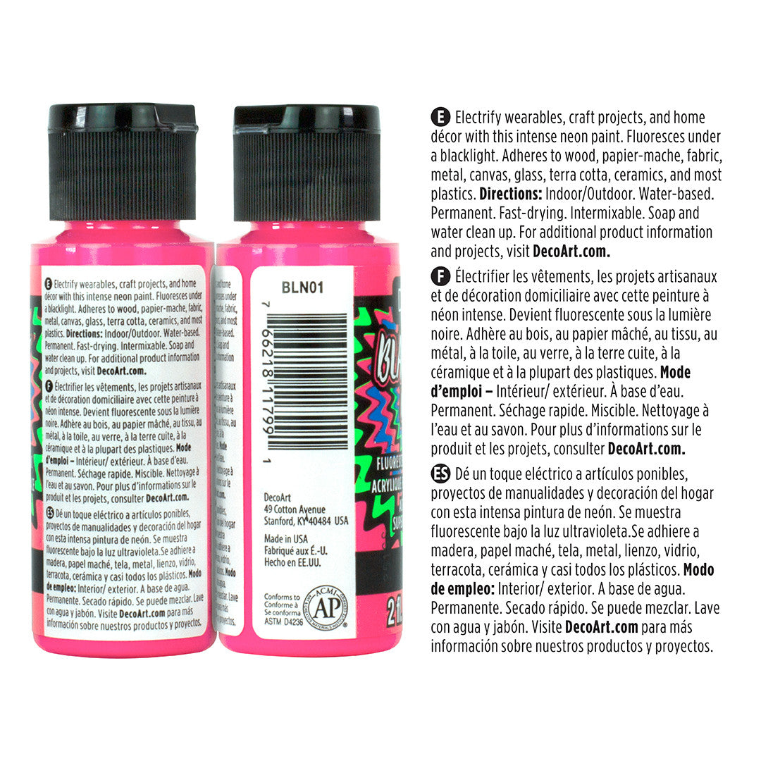 DecoArt Black Light Neon Paint Set featuring vibrant glow-in-the-dark paints for artistic projects and crafts.