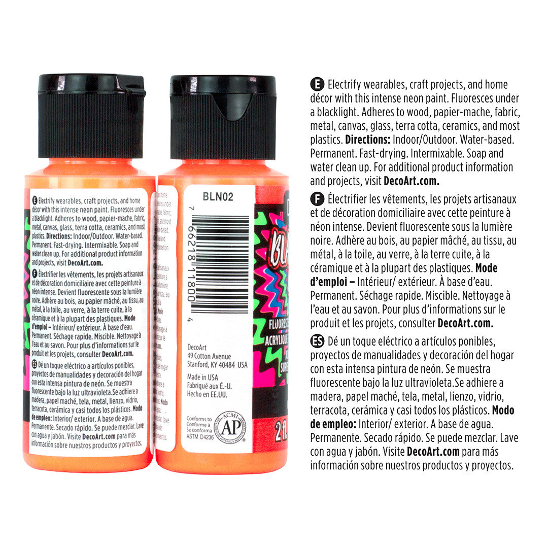DecoArt Black Light Neon Paint Set with vibrant neon colors for UV-reactive artwork and craft projects.