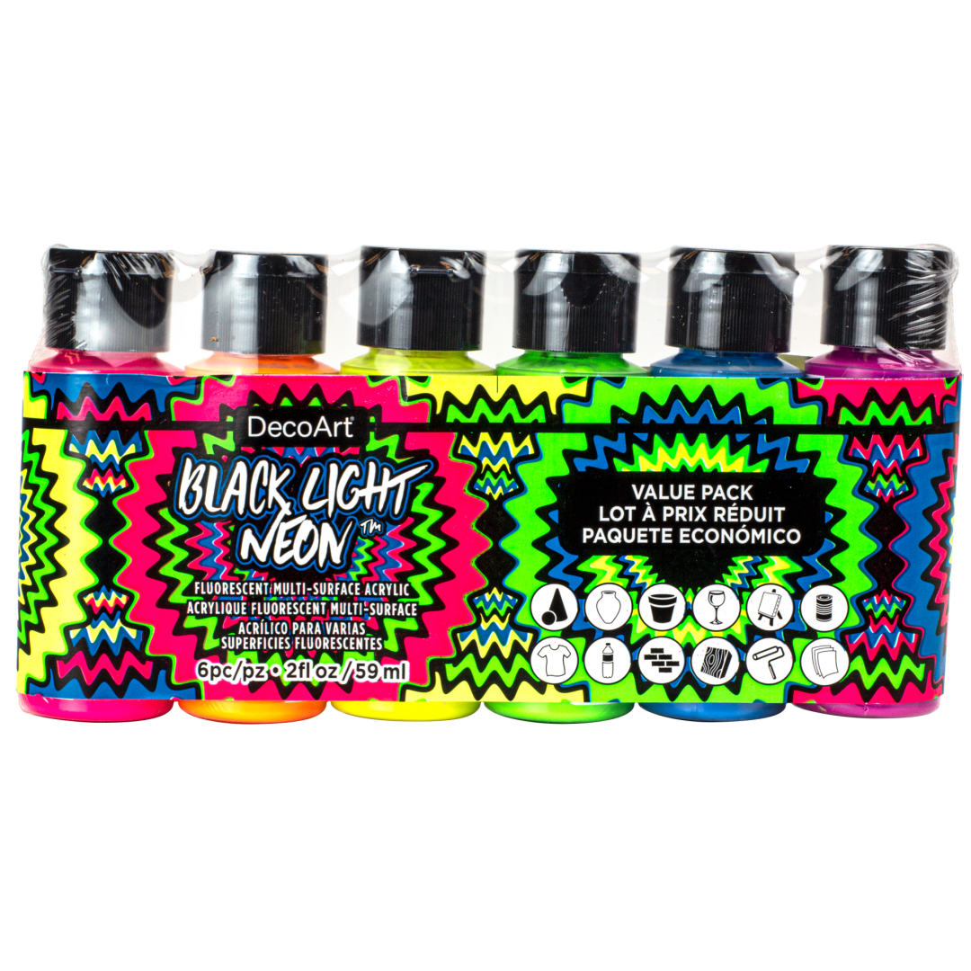 DecoArt Black Light Neon Paint Set with vibrant, glow-in-the-dark paints for artistic projects and creative designs.