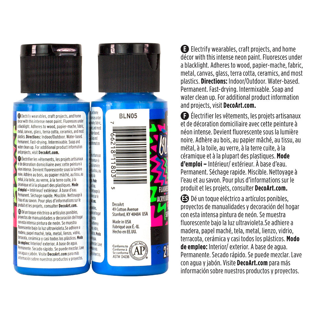 Black Light Neon Paint Set by DecoArt featuring vibrant neon paints glowing under black light for creative art projects.