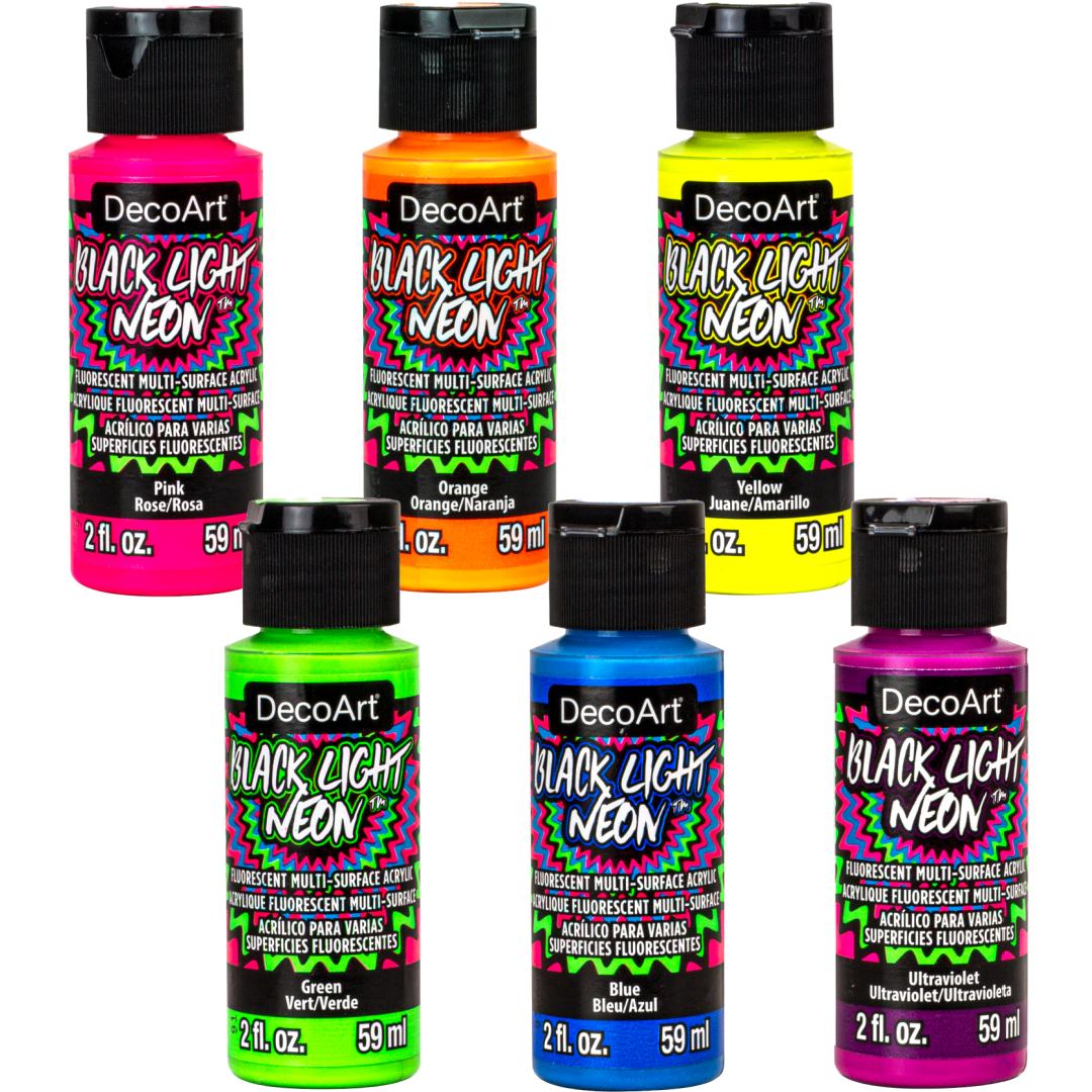 DecoArt black light neon paint set with vibrant colors and brushes for creating glowing artwork under UV light.