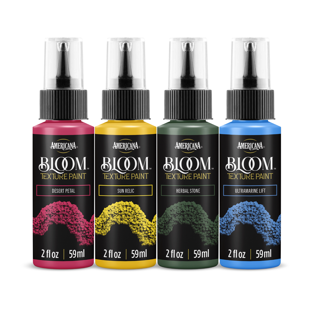 DecoArt Luminous Spectrum Bloom Texture Paint 4 Pack showing vibrant, shimmering textured paint swatches on a surface.