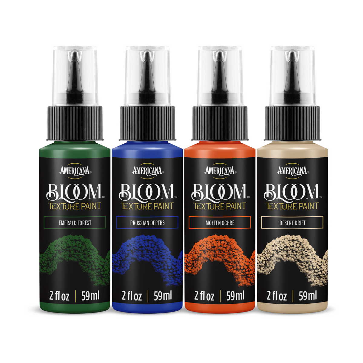 DecoArt Deep Realm Bloom Texture Paint 4 Pack featuring textured, vibrant paint containers for creative art projects.