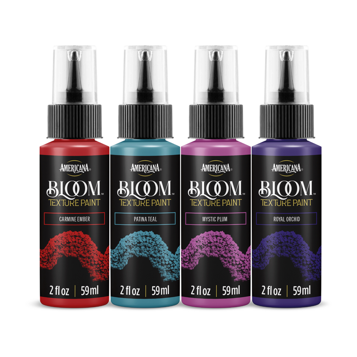 DecoArt Bold Expression Bloom Texture Paint 4 Pack showing vibrant, textured acrylic paints in colorful containers.