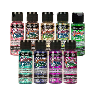DecoArt Galaxy Glitter 9ct bright multi-color glitter in a container, showcasing vibrant, shimmering particles for craft projects.