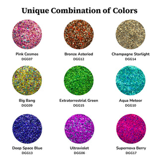 Bright multi-color Galaxy Glitter by DecoArt in 9ct, showcasing shimmering, vibrant glitter particles on a clear background.