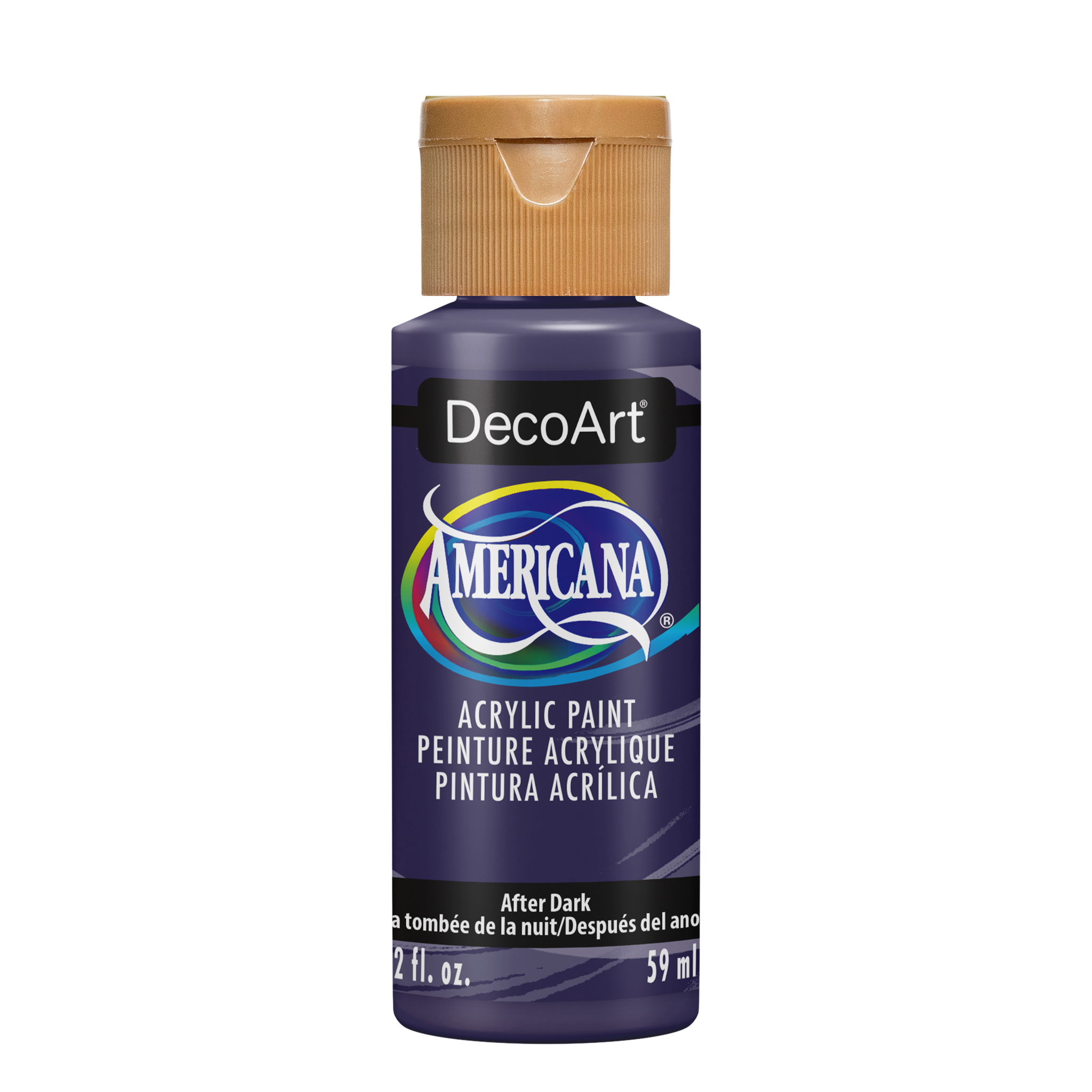 Americana Acrylics paint by DecoArt, after dark shade, showing vibrant dark blue color in a clean application