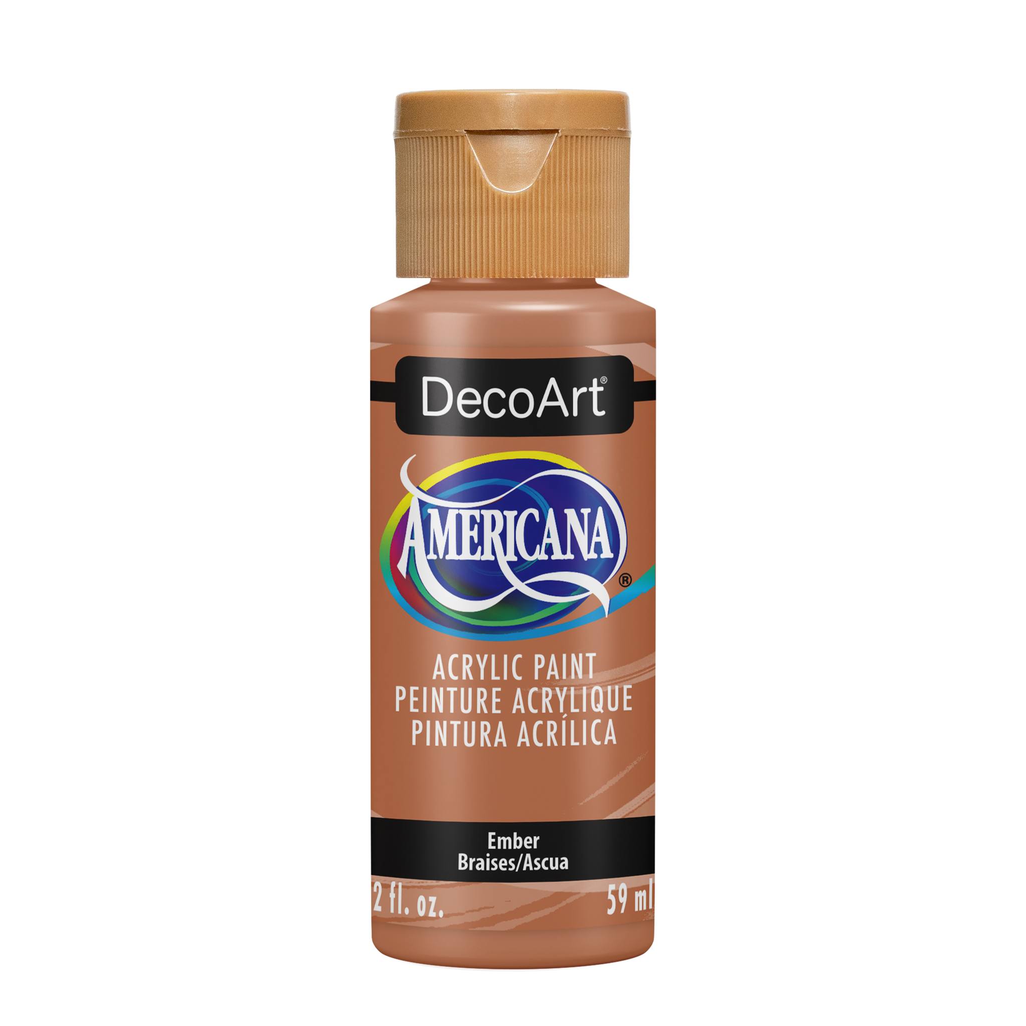 Americana Acrylics paint bottle by DecoArt in Ember color, showcasing the vibrant orange acrylic paint.
