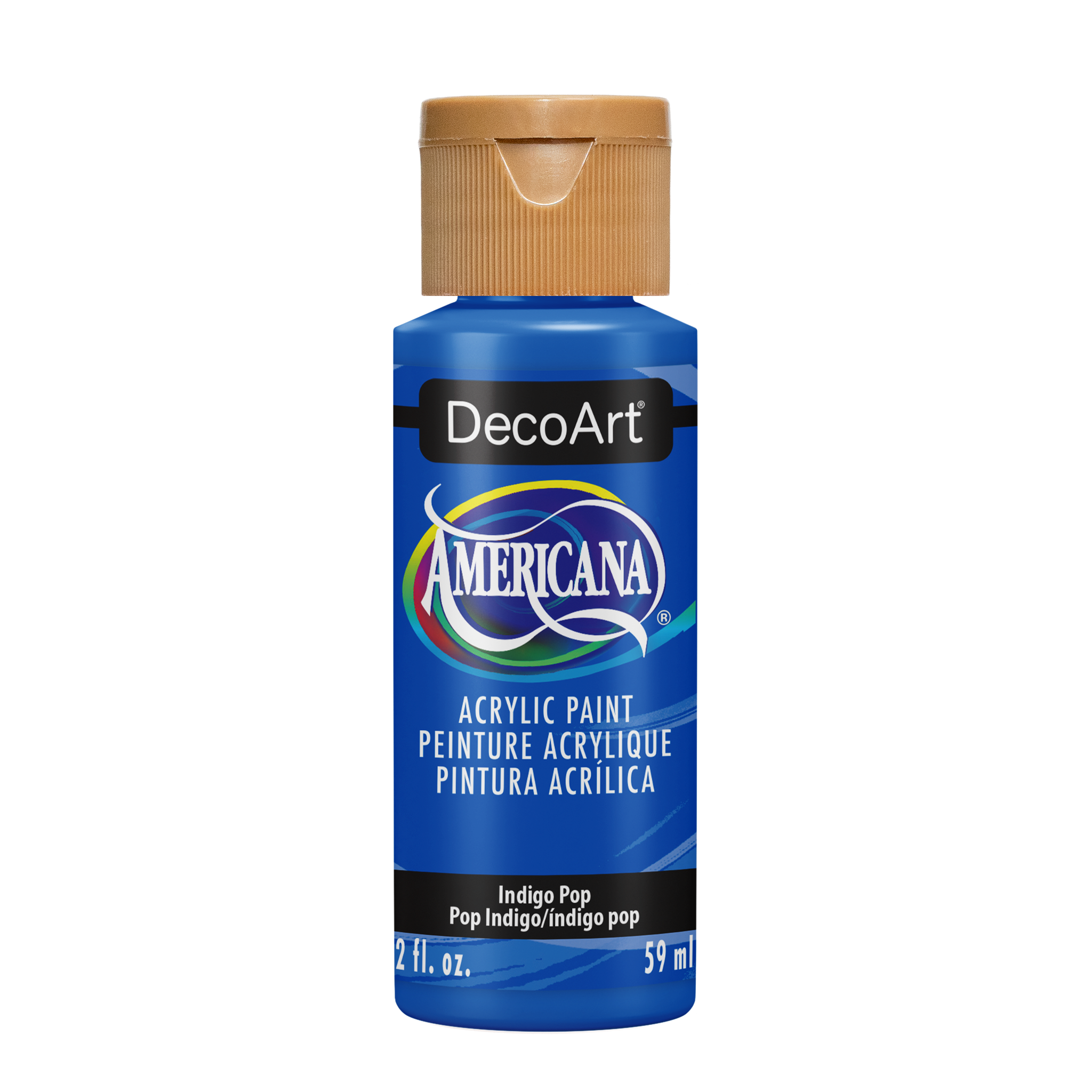 Americana Acrylics by DecoArt in Indigo Pop, vibrant blue acrylic paint in a 2 oz bottle with a clear cap.