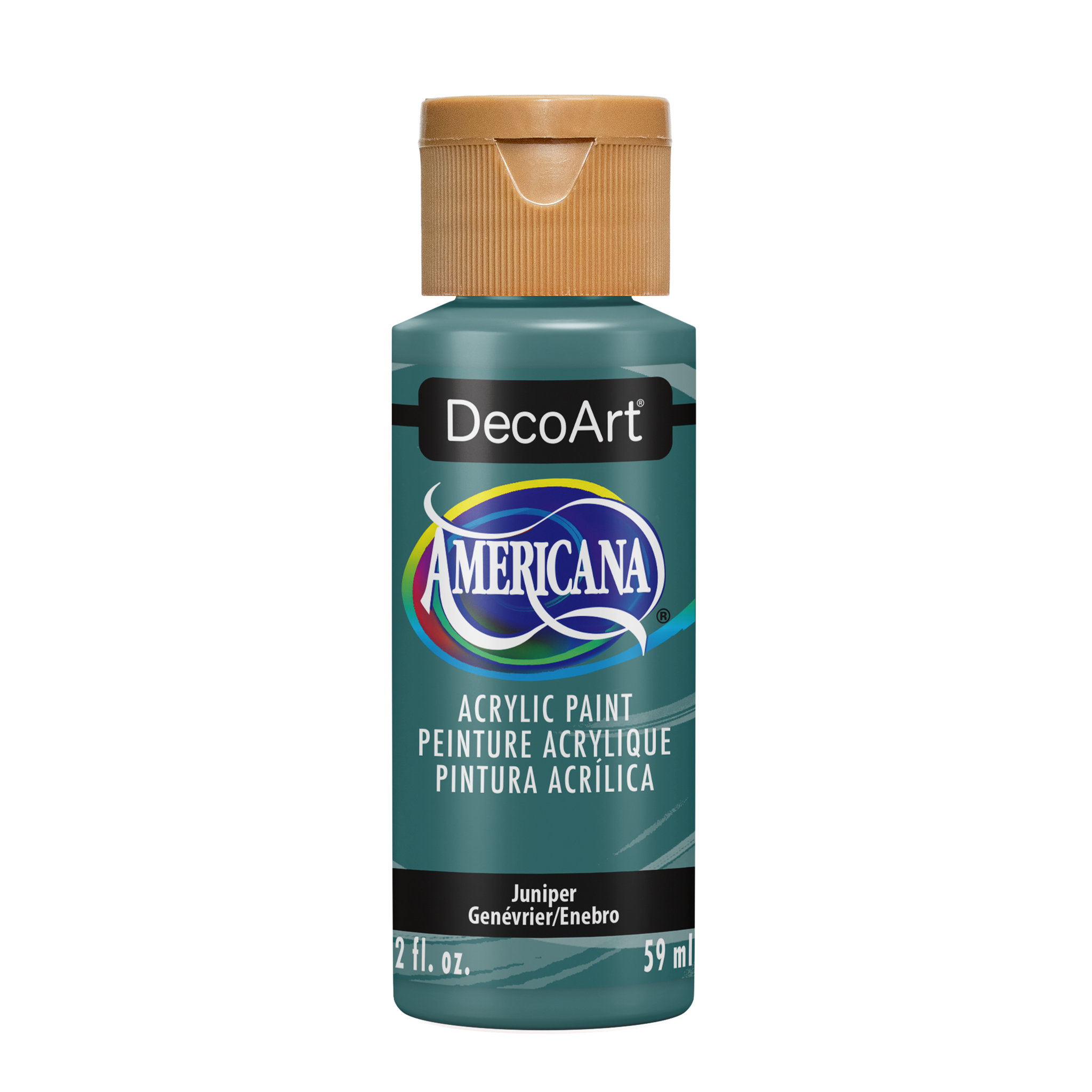 Americana New Americana Acrylics by DecoArt in Juniper color, showing a jar of vibrant green acrylic paint for craft projects.