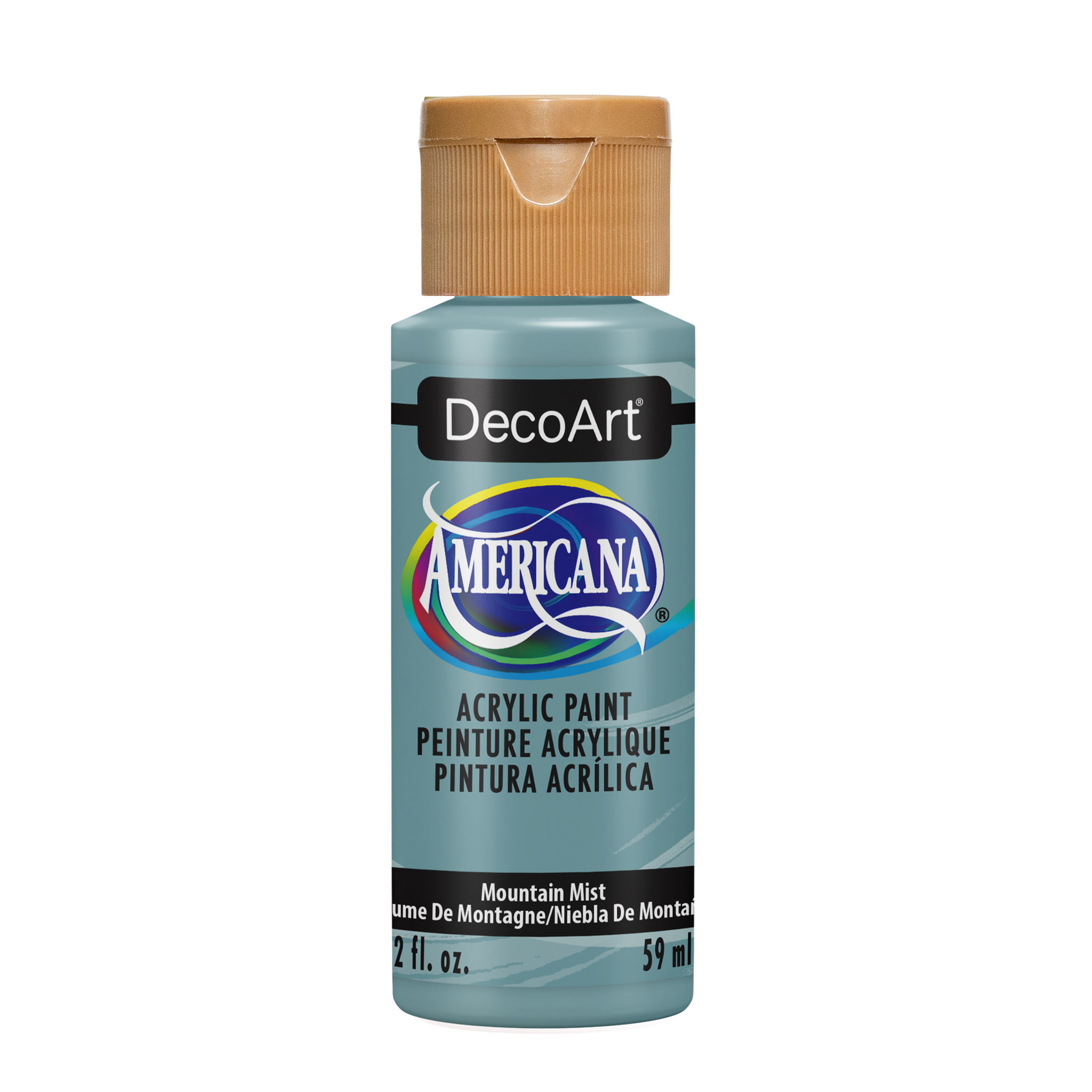 DecoArt Americana acrylic paint in Mountain Mist color, shown in a clean bottle with vibrant blue and gray shades.