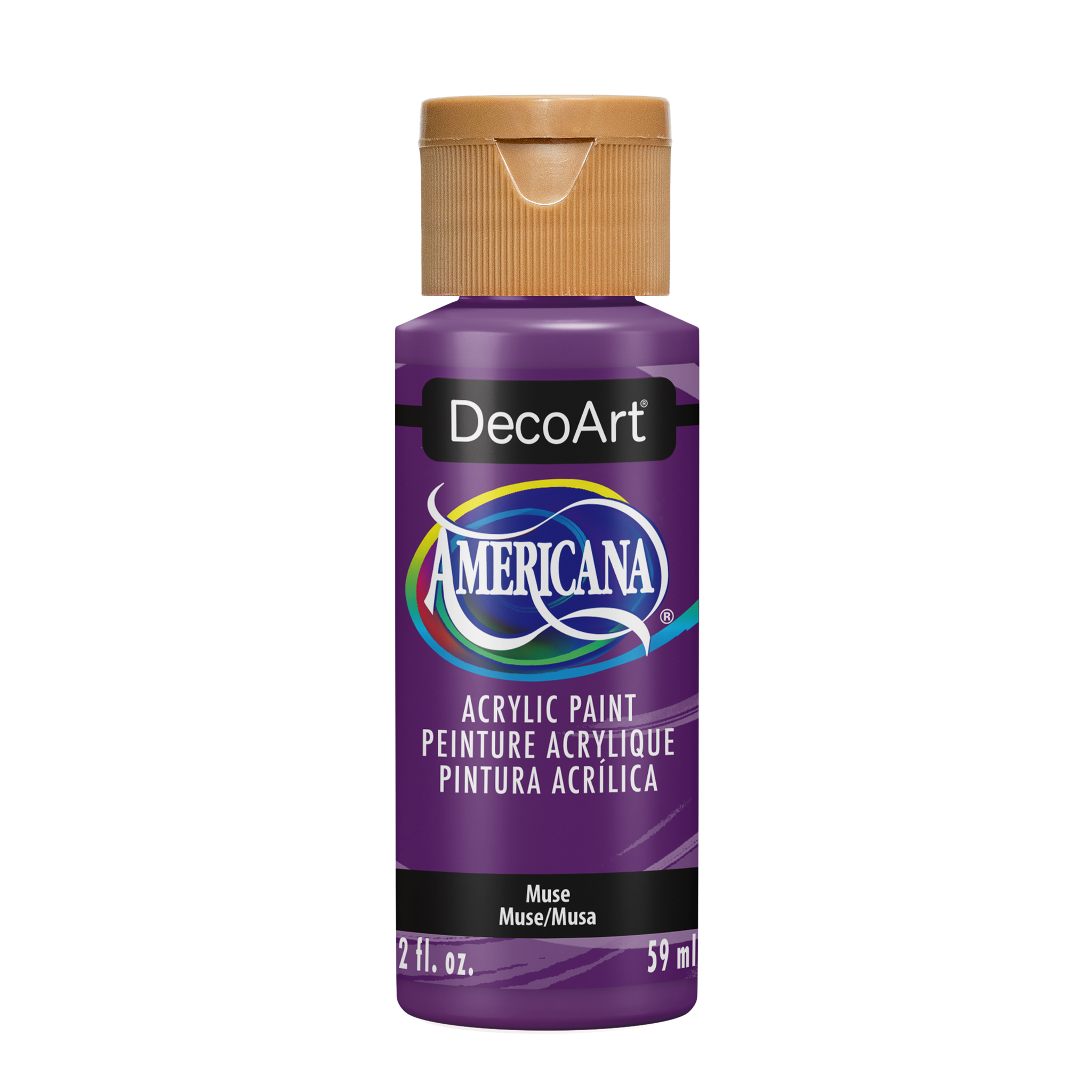 Americana New Americana acrylic paint by DecoArt in a soft muse color, shown in a clean, open bottle with vibrant paint inside.