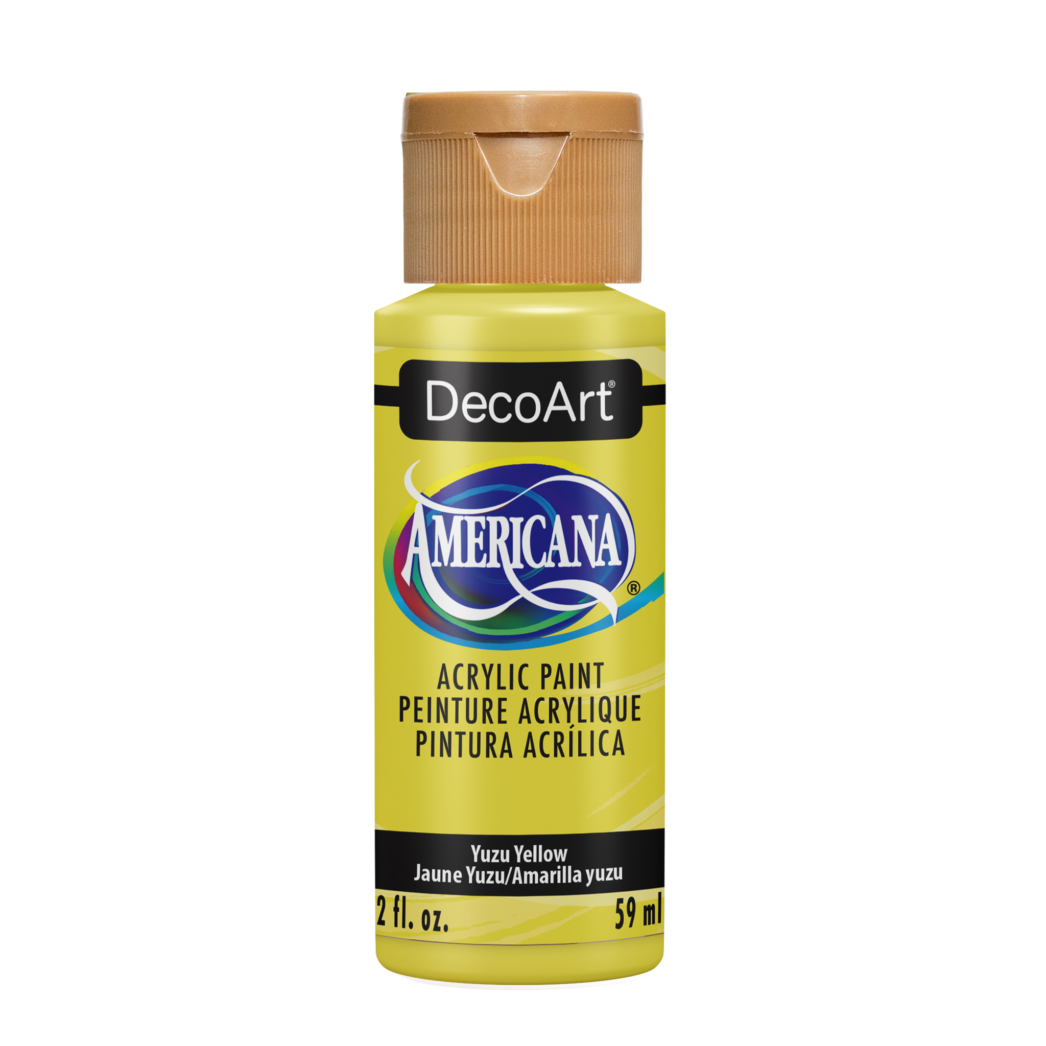 DecoArt Americana acrylic paint in Yuzu Yellow, vibrant yellow acrylic paint for arts and crafts projects.