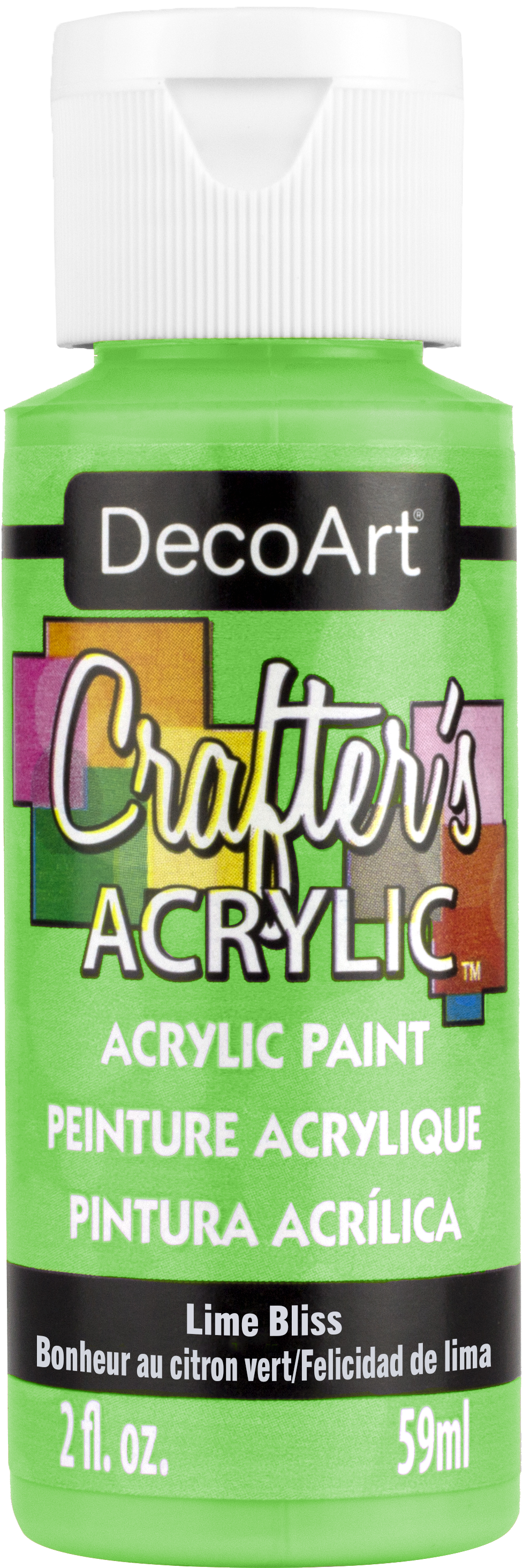 DecoArt Crafter's Acrylic Lime Bliss 2oz jar with vibrant lime green paint inside.