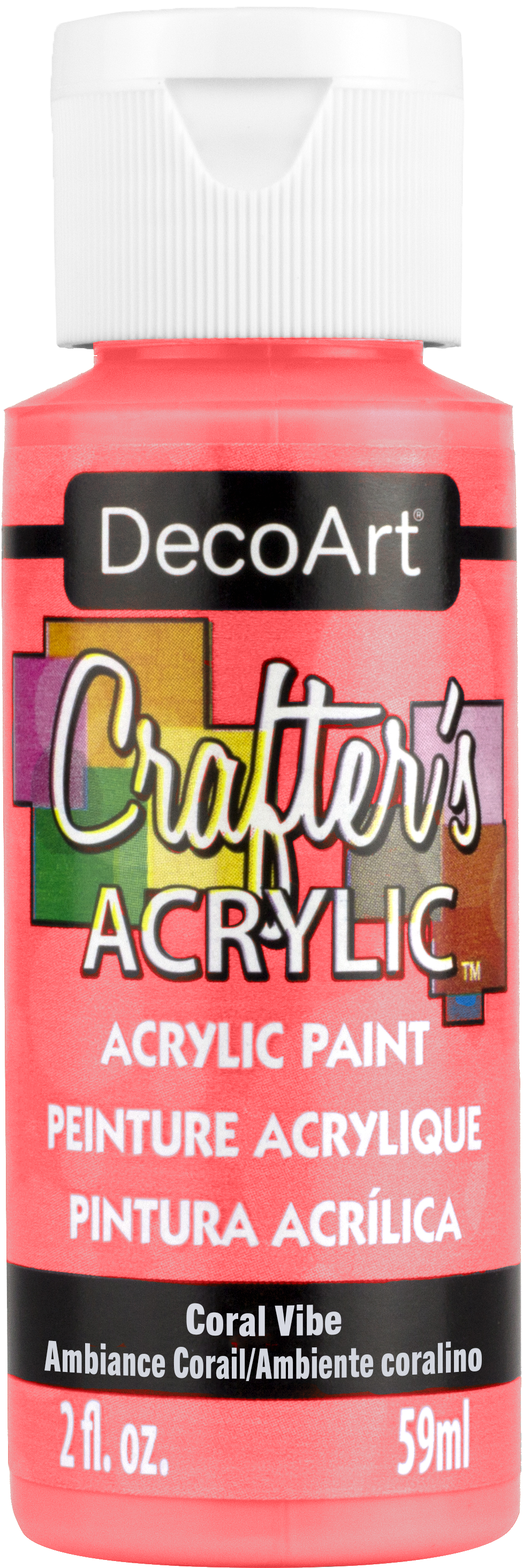 DecoArt Crafter's Acrylic Coral Vibe 2oz jar with bright coral-colored acrylic paint for arts and crafts projects.