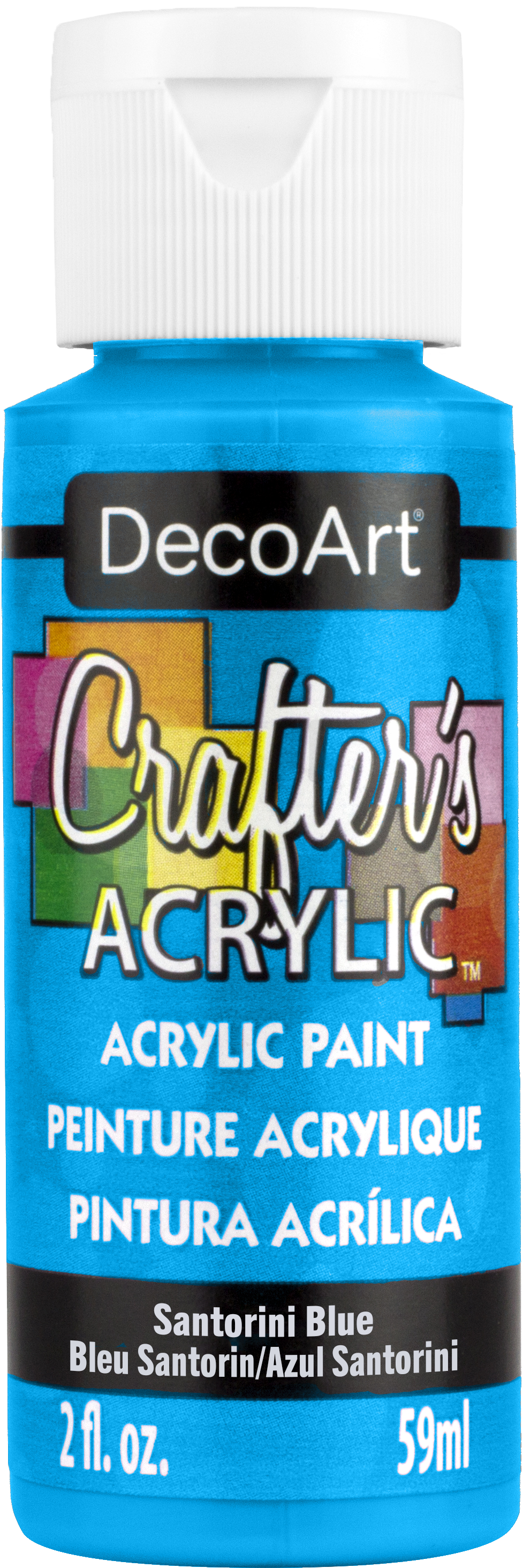 DecoArt Crafter's Acrylic paint in Santorini Blue, 2oz bottle, with vibrant blue color suitable for arts and crafts projects.