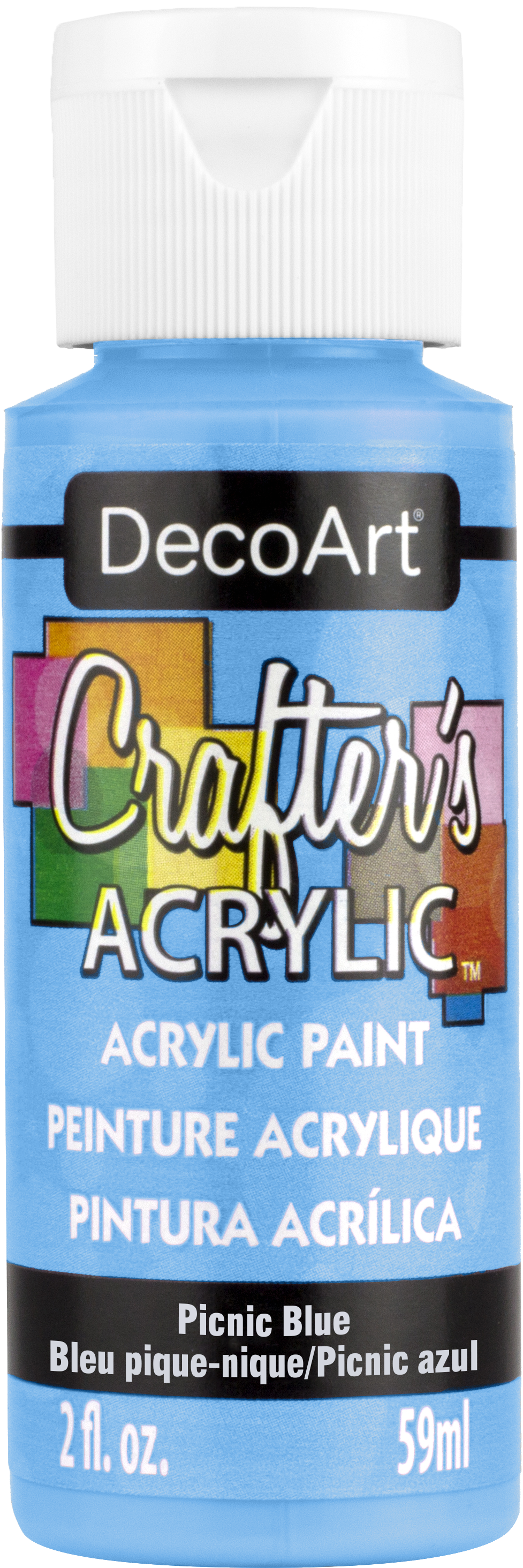 DecoArt Crafter's Acrylic paint in Picnic Blue 2oz jar, creamy blue craft paint suitable for various art projects and surfaces.