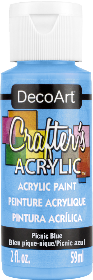 DecoArt Crafter's Acrylic paint in Picnic Blue 2oz jar, creamy blue craft paint suitable for various art projects and surfaces.