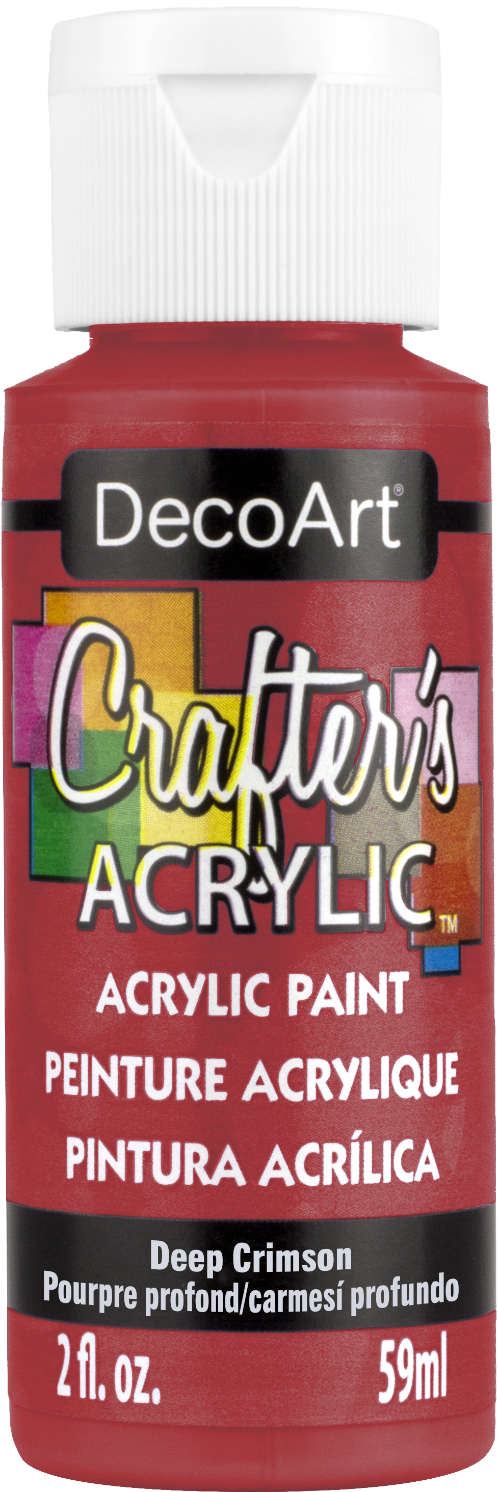DecoArt Crafter's Acrylic paint in Deep Crimson 2oz jar showing vibrant red color and acrylic paint texture.