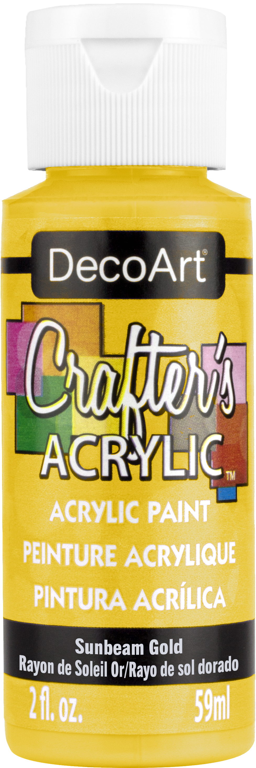 DecoArt Crafter's Acrylic Sunbeam Gold 2oz bottle with gold-colored paint visible in the image on a white background.