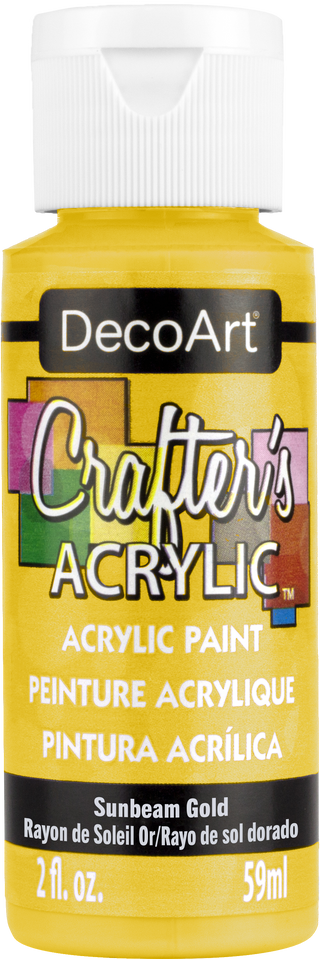 DecoArt Crafter's Acrylic Sunbeam Gold 2oz bottle with gold-colored paint visible in the image on a white background.