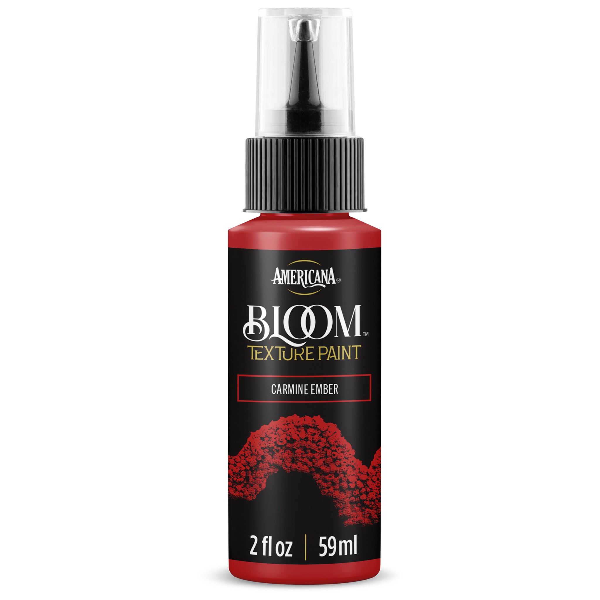 DecoArt Bloom Texture in Carmine Ember, showcasing a vibrant textured paint finish with a rich, fiery red and orange blend.
