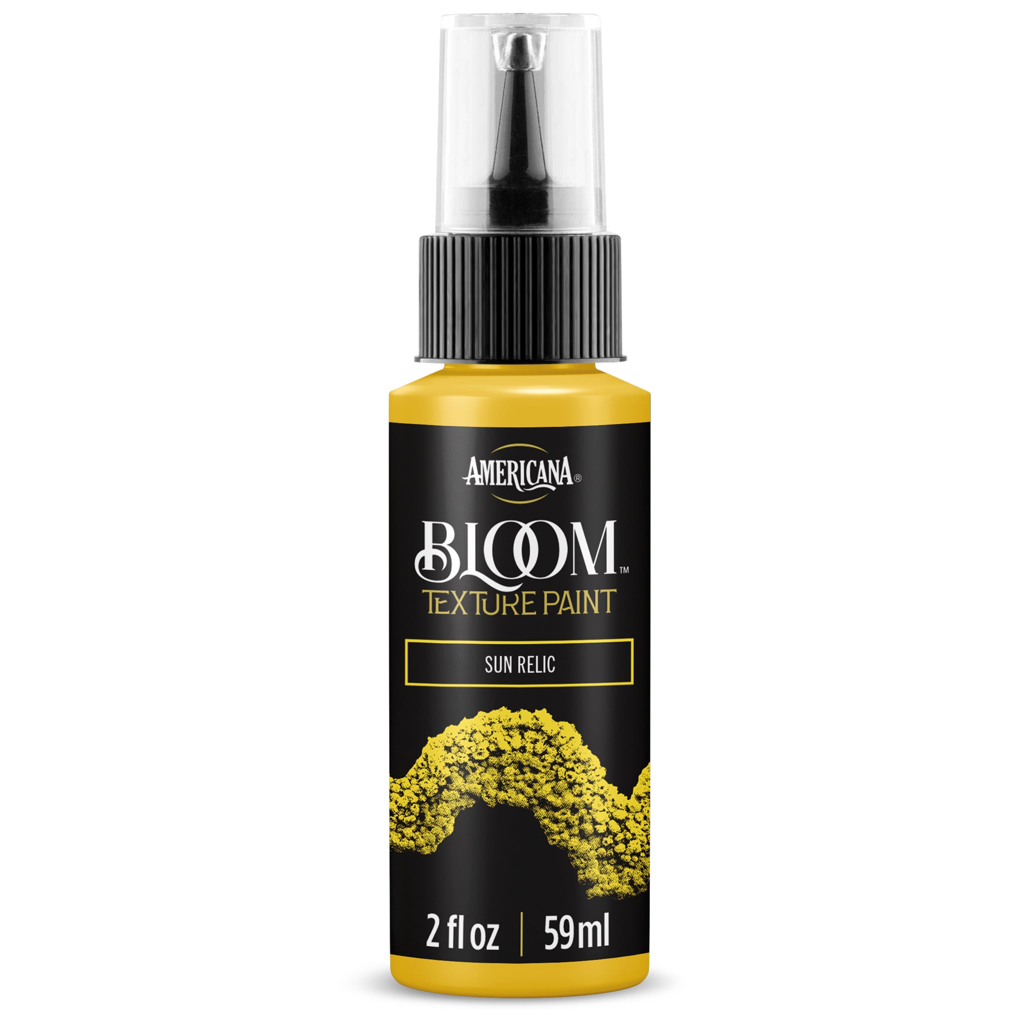DecoArt Bloom Texture medium in Sun Relic color, showing a close-up of textured paint with a vibrant sun-inspired finish.