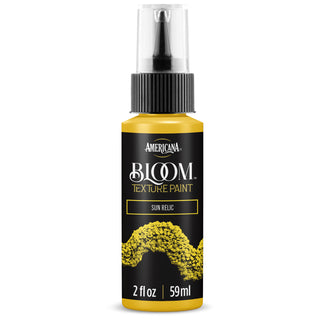 DecoArt Bloom Texture medium in Sun Relic color, showing a close-up of textured paint with a vibrant sun-inspired finish.