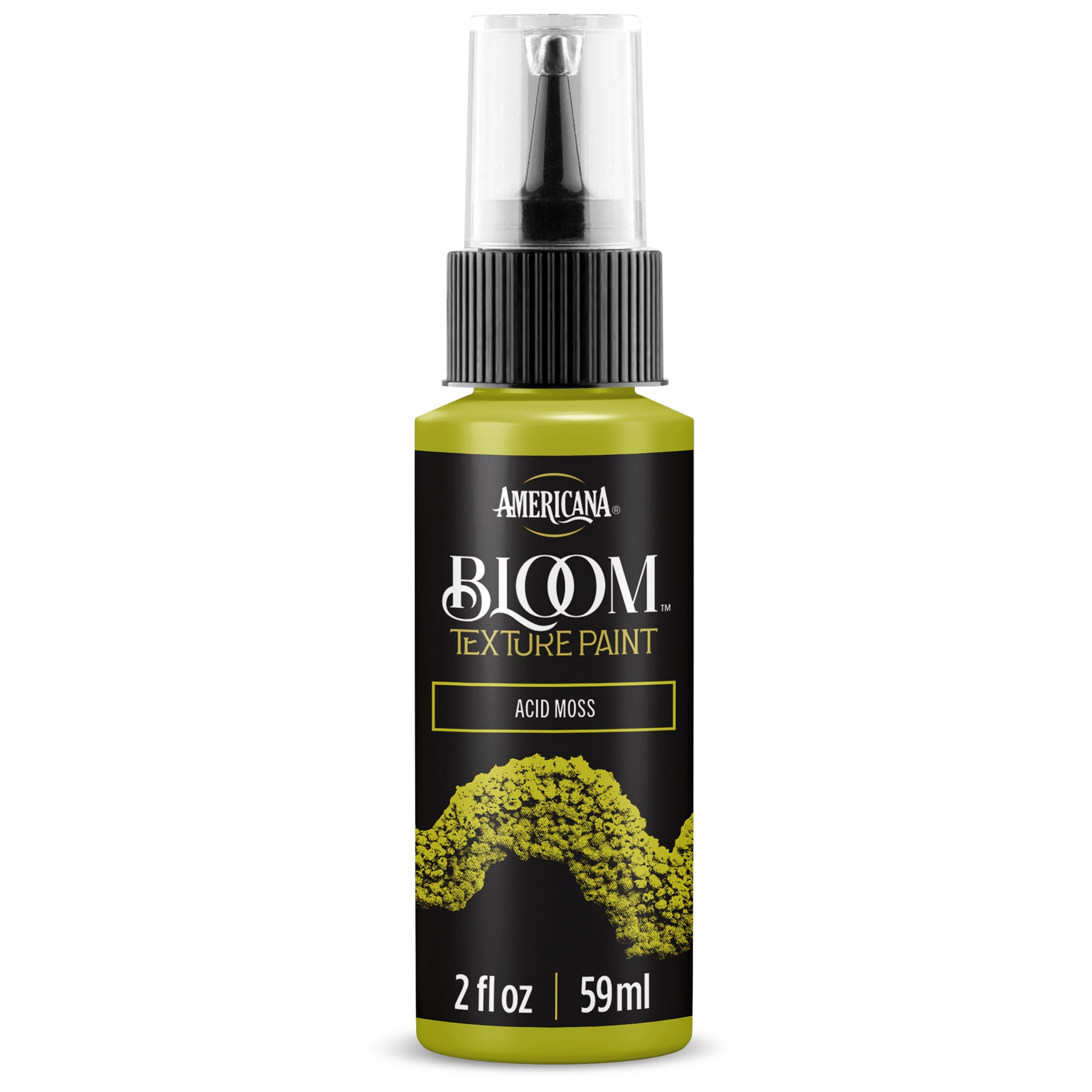 DecoArt Bloom Texture in Acid Moss color, showing a textured, moss-green craft paint with a floral pattern and dimensional surface.