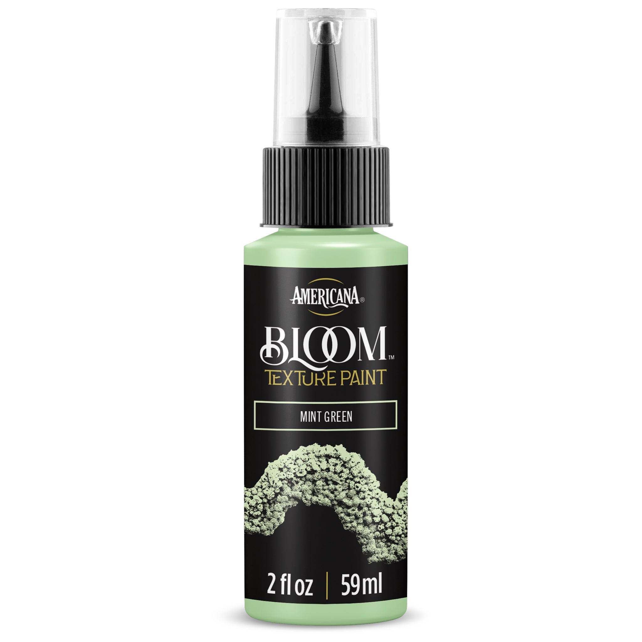 DecoArt Bloom Texture in mint green, showcasing thick, textured acrylic paint with a floral-inspired pattern on a canvas