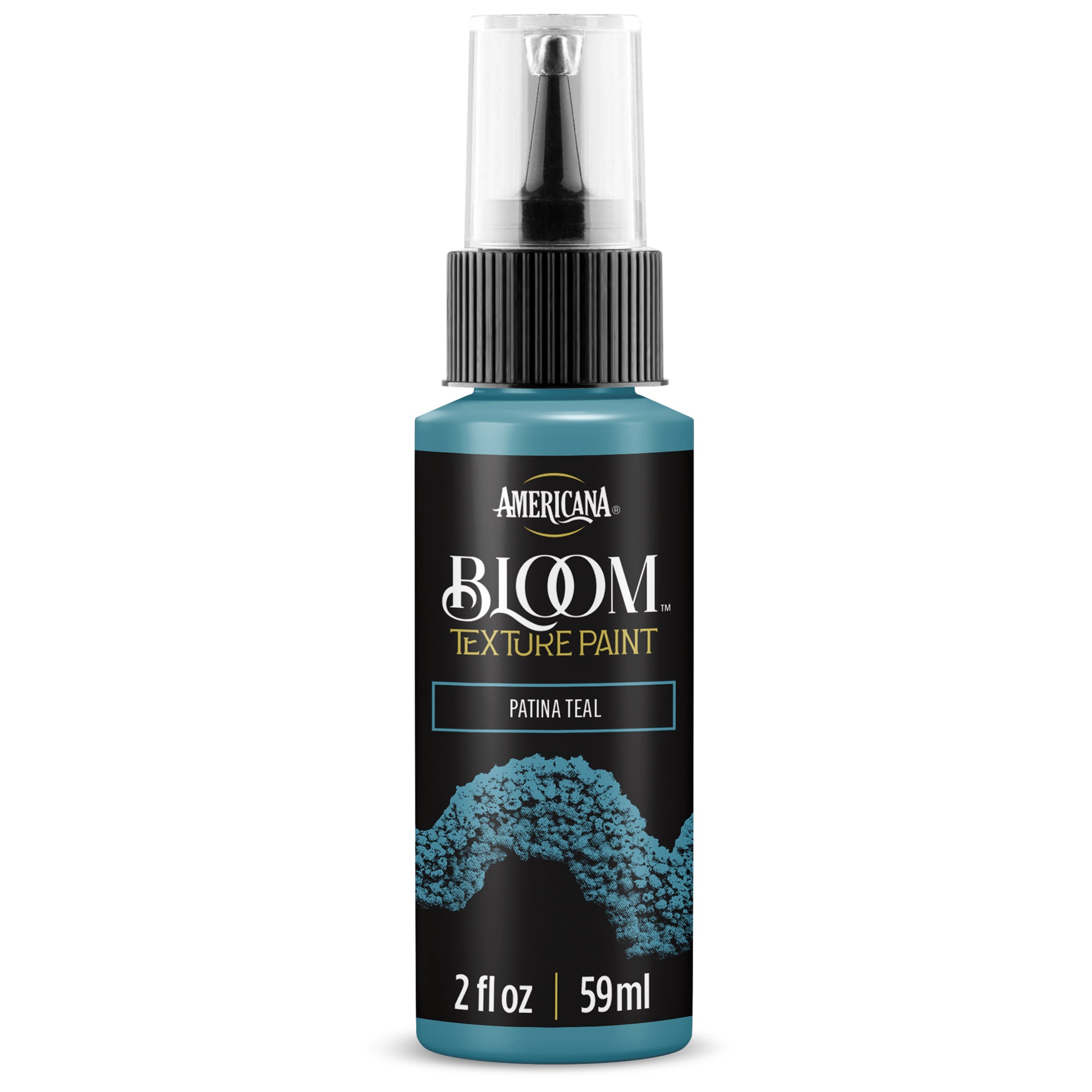 DecoArt Bloom Texture in Teal, a vibrant textured art medium with a patina finish, shown on a surface with visible textured details.
