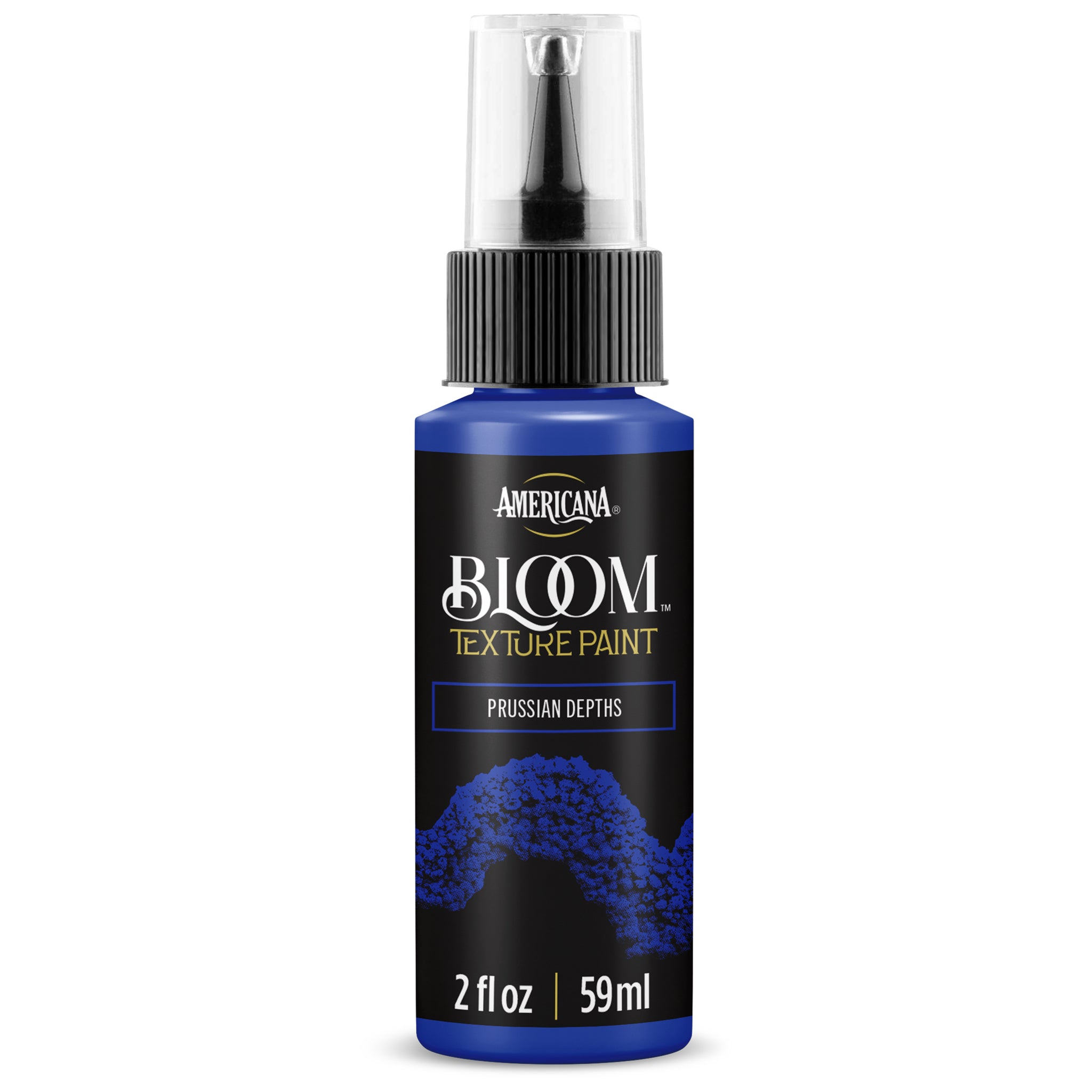 DecoArt Bloom Texture in Prussian Depths, showcasing a textured art paint with rich blue and teal hues on a canvas.