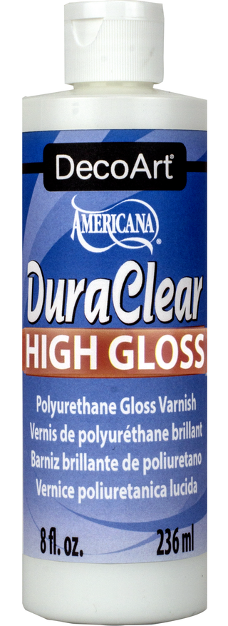 DecoArt DuraClear Gloss Varnish in an 8oz bottle, showcasing a clear, glossy finish for protective craft and art projects.