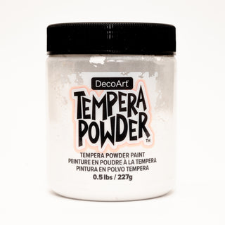White DecoArt Tempera Powder Paint in container, suitable for arts and crafts projects.