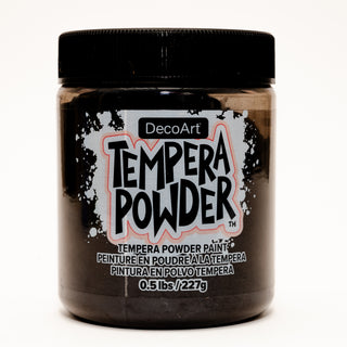 Black DecoArt Tempera Powder Paint in container, vibrant black pigment for arts and crafts projects.