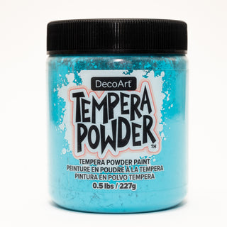 DecoArt tempera powder paint in turquoise, showing a vibrant turquoise pigment powder suitable for arts and crafts projects.