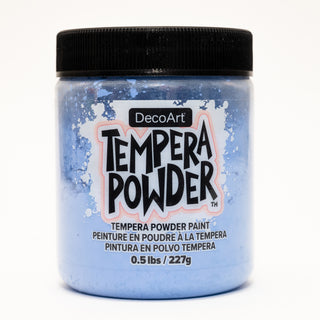 Blue DecoArt Tempera Powder Paint in a container, ideal for vibrant art projects and creative crafts.