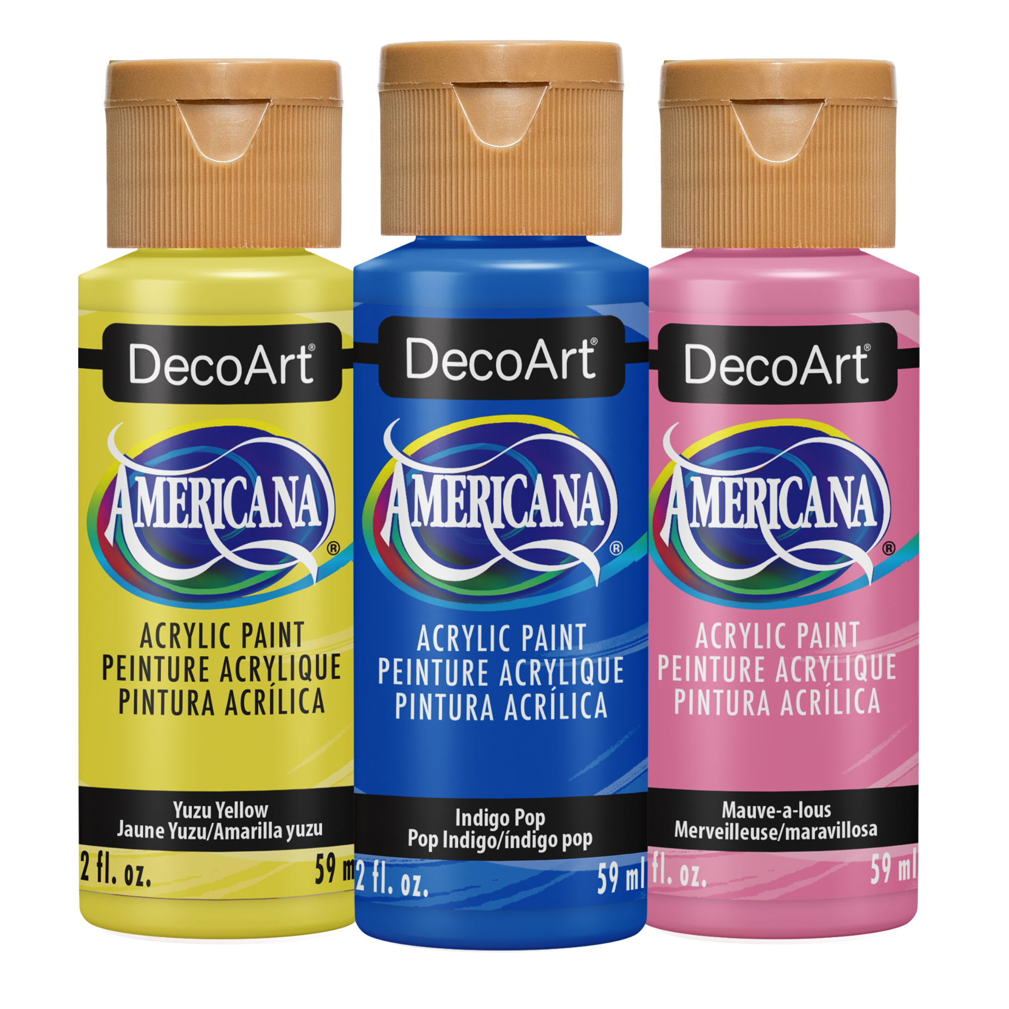 Open stock of DecoArt New Americana Acrylics with vibrant colors in various paint bottles on a white background.