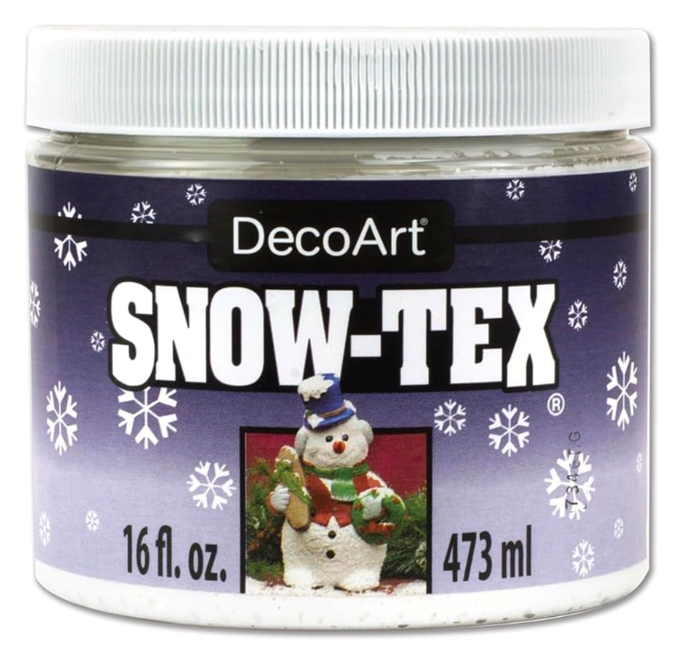 Screenshot showing DecoArt Snow-Tex textured snow effect in a jar, used for craft and holiday decorating projects.
