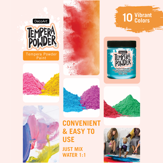 DecoArt tempera powder paint displayed in a colorful image with a printed sign and sample swatches showing vibrant pigment options.