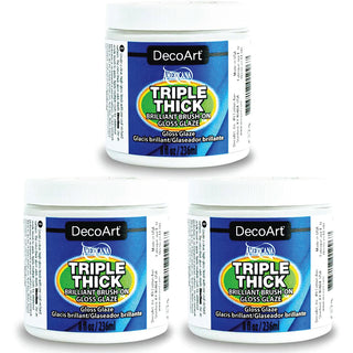 Three 8oz bottles of DecoArt Triple Thick Gloss Glaze in a 3-pack, featuring clear, glossy finish bottles with product labels.