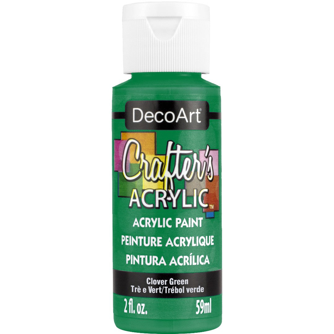 Clover green Crafter's Acrylic paint bottle by DecoArt with vibrant green paint visible in the image.