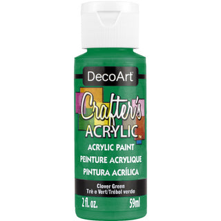 Clover green Crafter's Acrylic paint bottle by DecoArt with vibrant green paint visible in the image.