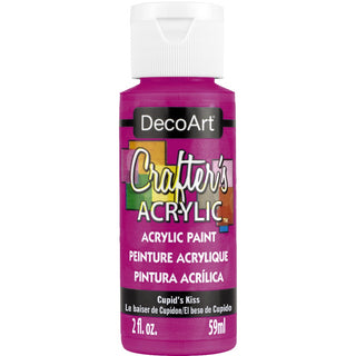 DecoArt Crafter's Acrylic paint bottle with Cupid's Kiss label, showcasing vibrant pink color for arts and crafts projects.