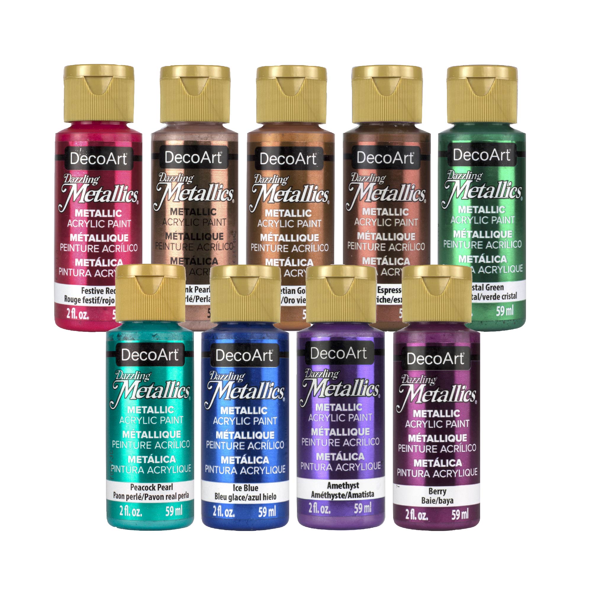 DecoArt Dazzling Metallics acrylic paint set with 9 bold metallic colors in 2 fl oz bottles for art and craft projects.